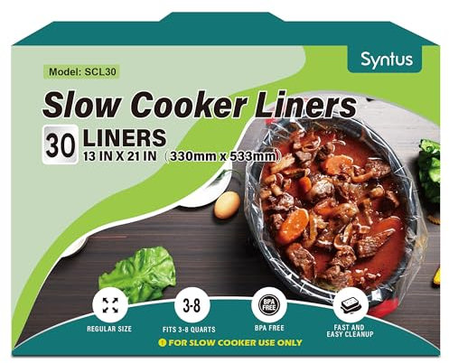 Syntus Slow Cooker Liners, 30 Count Cooking Bags Large Size Disposable Pot Liners Plastic Bags, Fit 3QT to 8QT for Slow Cooker Cooking Trays, 13x 21, 30 Liners