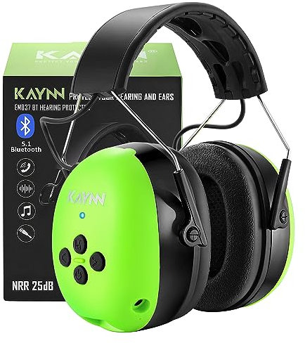 KAYNN Bluetooth 5.0 Hearing Protection Headphones, 25dB NRR Safety Noise Reduction Earmuffs with Rechargeable 1500mAh Battery, Ear Muffs with 40H Playtime for Mowing - Green
