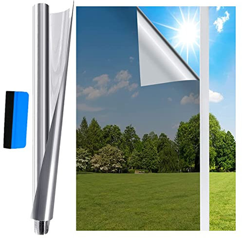 Fyuein® Spiegelfolie Selbsthaftend Sonnenschutzfolie Fenster Innen/außen Sichtschutz UV-Schutz Fensterfolie Reflektierende Rückstandslose für Büro und Haus (Silber (Statisch Haftend), 118 x 200 cm)