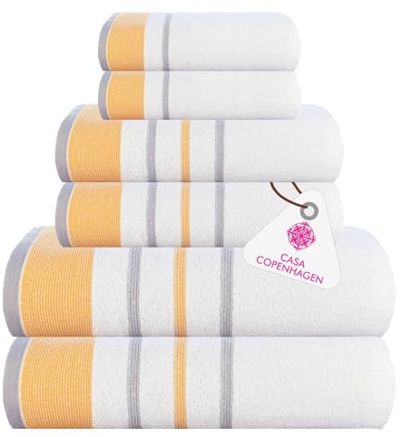 Casa Copenhagen White Bay-Handtuch aus 600 g/m² ägyptischer Baumwolle für Hotel, Spa, Küche und Bad, 6-teiliges Set mit 2 Bädern, 2 Händen, 2 Waschlappen – Weiß mit goldenem und grauem Rand