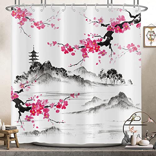 Hnmdmyi Rideau de Douche Fleurs de Cerisier 120x180 - Style Japonais Asiatique, Aquarelle Montagne Art, Rose Fleurs, Imperméable, Polyester Lavable pour Baignoire