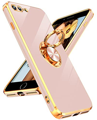 LeYi for iPhone 7 Plus/8 Plus Phone Case, Protection Cover with Ring Holder, [Shiny Plating Gold Edge] Flexible Silicone Lightweight Luxury for iPhone 7+ /8+ Cover, Pink