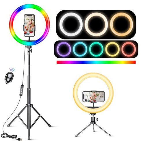 12 Ring Light Professionale Luce ad Anello LED - Luce per selfie Treppiede Alto con 15 Modalità RGB e 10 Luminosità - per Trucco, Fotografia, Video, YouTube e TikTok