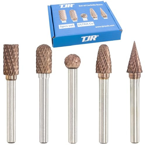 TJR® ULTRA Co Hartmetall-Frässtift-Set, 6mm Schaft, 5 Stück, rotierende Raspel-Feile für Stahl, Edelstahl, gehärtete Materialien, Aluminium, Holz, Schleifen, Portieren, Entgraten, Gravieren