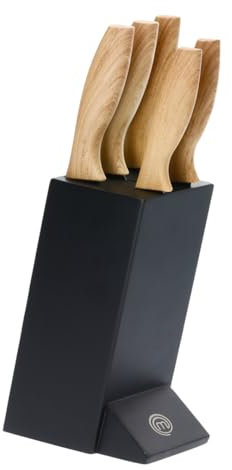 MasterChef Set Coltelli da Cucina con Ceppo Legno, Portacoltelli con Lama Affilato per Pane, Carne, Verdure e altro, Acciaio Inox, Prova di Calore, Manici Morbidi, 5 Pezzi
