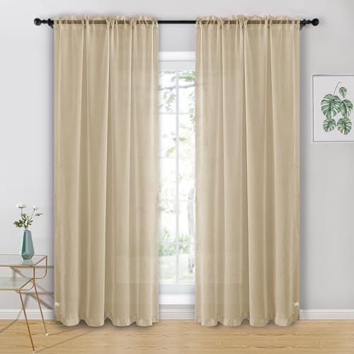 Hiasan Beige Net Curtains for Window Voile Curtain for Living Room Sheer Curtains for Bedroom With Tiebacks 55 X 79 Inch drop 2 Panels Rod Pocket Top