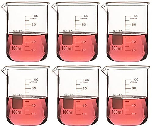 6 vasos de precipitados de vidrio de forma baja, (100 ml, 150 ml, 200 ml, 250 ml, 300 ml) Vaso de laboratorio de borosilicato, vaso de medición de vidrio con graduación y pico vertedor, para laborat