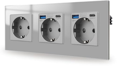 JIMEIDA 3-Steckdose mit USB 20W Grau Unterputz,16Amp Glas Steckdosen mit USB A und Type C,228 * 86mm,250V