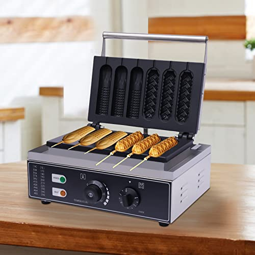 Waffelgerät, 1500W Edelstahl Waffelautomat - Temperatur (50-300 ℃) - 6 Stück Corn Dog Waffeleisen am Stiel für Hot Dogs, Tortillas, knusprige Kuchen, Waffeln (38,5×27,5×2,5 cm)