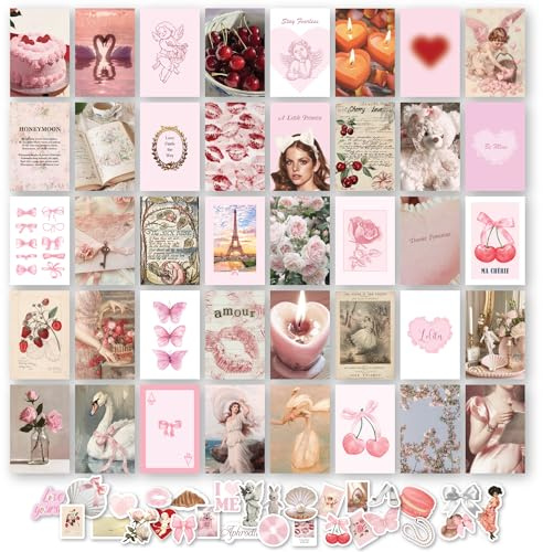 97 Decor Coquette rose esthétique pour décoration de chambre – Décoration murale coquette de fille, affiches rose clair pour chambre, images esthétiques – Kit de collage de coquette vintage pour