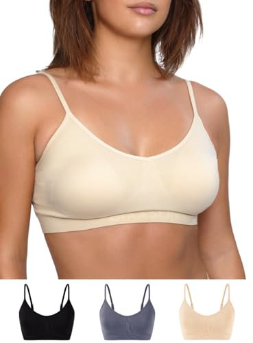 DIXXSON 3er Pack Bralette BH Damen Soft gepolstert verstellbar ohne Bügel, Yoga und Freizeit (Black, Bluegrey, Skin - S)