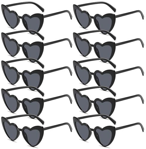 Herz Sonnenbrille Partybrille Set Herzform Brille JGA Brillen Herzbrille 90er Jahre Hippie Herzförmige Brille Herzchen Brille für Party Hochzeit Karneval Halloween 10 Stück (Schwarz)