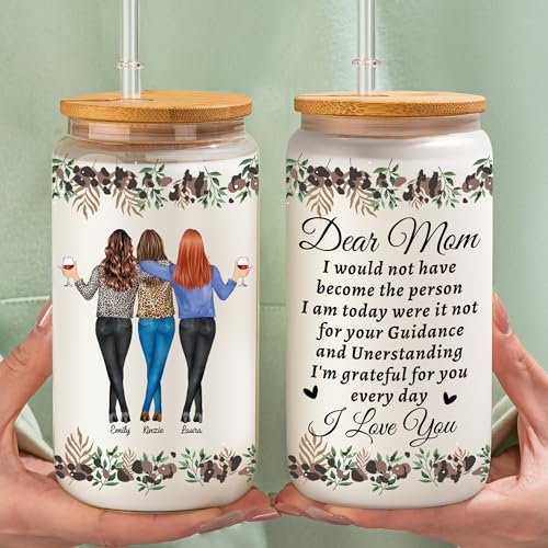 KEMEILA Tazze di vetro personalizzate con coperchio e cannucce, regalo per la festa della mamma per donne, regali di compleanno per mamma, 473,6 g/567 g (MOM 4)