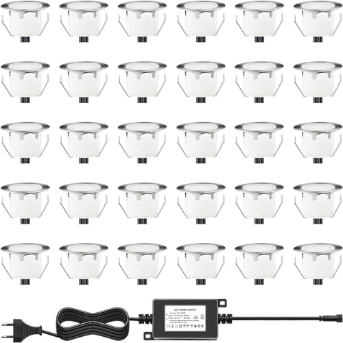 DarisingSun 30er Set LED Terrassen Einbaustrahler Aussen 12V IP67 wasserdicht Ø45mm 1W Bodeneinbauleuchten für Küche Garten Treppen Gehweg Holzbrücke Balkon Terrasse, Kaltweiß