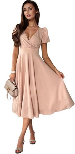 Adorling Abito Midi Elegante con Scollo a V e Maniche Corte – Vestito Estivo a Tinta Unita in Poliestere per Donna