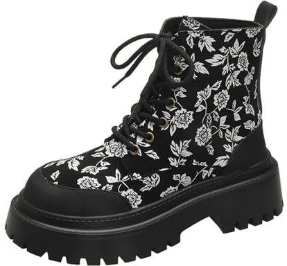Plateau Stiefeletten Damen Gothic - Springerstiefel Mit Blockabsatz Profilsohle Rockig Biker-Boots Kurzschaft Schnürstiefel Blumenmuster Ankle-Boots Vintage Knöchelschuhe Freizeitschuhe
