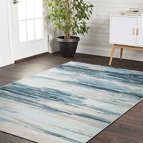 Tinyboy-hbq Teppich Wohnzimmer Kurzflor Teppich Schlafzimmer Modern rutschfest Wohnzimmer Teppich Weich Großer Teppiche für Esszimmer Gestreiftes Design (Abstrakt Blau, 80 x 120 cm)