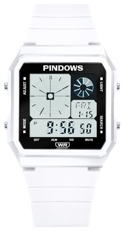 PINDOWS Herrenuhr Sportlich Chronographen, Armbanduhr Herren 50M Wasserdicht mit LED-Beleuchtung, Wecker, Stundensignal, 12/24 Stunden-Format, Stoppuhr, Kalender,Weiß