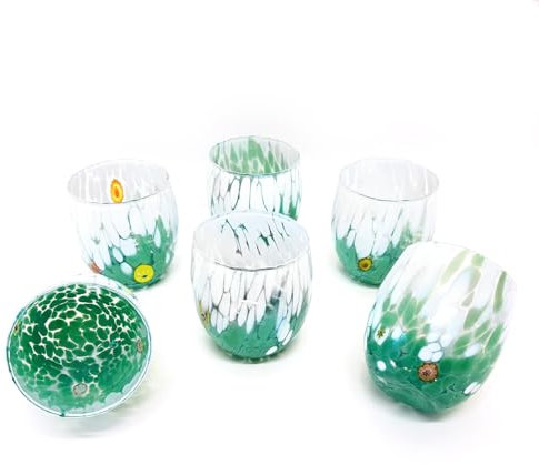 MAZZEGA ART & DESIGN - 6 zweifarbige Wassergläser aus mundgeblasenem und handgearbeitetem Glas mit Murano-Murrine. Linie I Colori di Murano 320 ml. Made in Italy (Grün, 6)