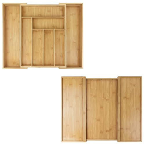 Adjustable Cutlery Drawer Organiser, 6-8 Compartments Bamboo Cutlery Tray Utensil Tray, Flatware and Silverware Holder, Wooden Kitchen Storage Case for Silverware, Flatware, Knives, 32-52 x 43 x 5cm