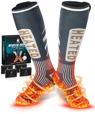 Beheizbare Socken Damen Herren, 5 V 6000 mAh APP-Steuerung Heizsocken, 2025 neues Upgrade +30% Heizfläche, geeignet zum Skifahren, Outdoor, Camping, Wandern und Motorradfahren(38-44EU)
