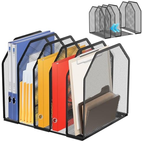 Organisateur de Bureau Vertical Porte-Revues en Maille Métallique 5 Compartiments Porte-Documents de Bureau Porte Dossiers Largeur Ajustable Aupport pour Magazines à Domicile et Lieu de Travail noir