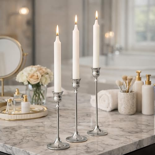 Set of 3 Silver Taper Candle Holders Metal Candlestick Holder Set | with 3 White Dinner Candles Tall Table Centrepiece for Christmas, Wedding, Dining Table, Mantelpiece & Home Decor