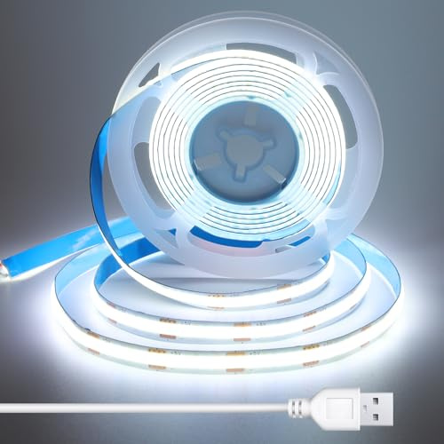 BERIXDEEP 2m COB LED Streifen USB, 1.5m USB Kabel, 8mm, Kaltweiß, 6000K | 5V LED Band für Schreibtisch, Monitor, Wohnwagen, Kleiderschrank, CRI 92, Durchgehendes Licht, Flexibel und Selbstklebend
