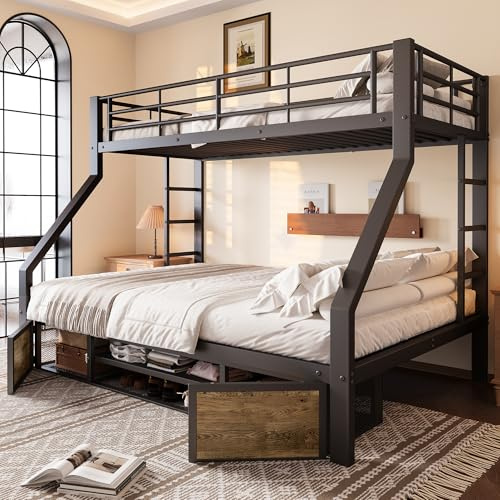 Dolamaní Litera de 2 camas con somier, 90 x 200 cm y 140 x 200 cm, marco de cama de metal, escaleras a ambos lados de la cama, zapatero debajo de la cama, sin colchón (negro)