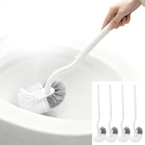 GZRXIOUS Juego de 4 cepillos de inodoro con 4 ganchos, cepillo curvado con limpiador de bordes para una limpieza profunda de 360°, cepillo de inodoro duradero con cerdas de nailon para baño
