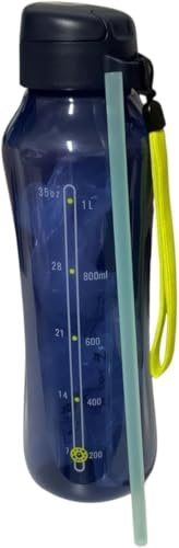 Tupperware EcoEasy Trinkflasche 1,2L – Flip Top Verschluss mit Strohhalm, BPA-frei, auslaufsicher – Sportflasche mit Tragegriff – Wasserflasche für Schule Sport – dunkelblau mit Zeitangabe