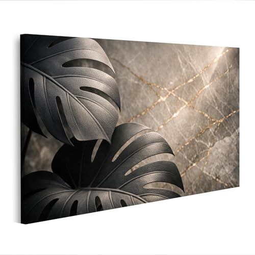 islandburner Quadro su tela Elegante murale con foglie di Monstera nere e marmo, edizione F2