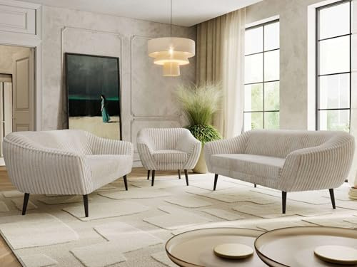 MKS MEBLE Sofagarnitur PIRS 3 + 3 + 1 - Couchgarnitur im skandinavischen Design, Gesteppte Polsterung, Wellenfederung, Wohnzimmer Sofa Set - Schwarze Beine, Beige Cord