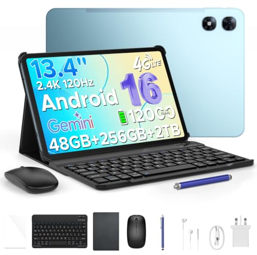 Easerush P13 Pro Android 16 Tablet, 13 inch Tablet 2.4K 120Hz, Gemini AI, 48GB+256GB/TF 2TB, 12000mAh, 4G Dual SIM, Tablet with Keyboard and Stylus, OTG, 16MP+8MP, Face ID, 5G WiF, 3.5mm jack, Blue