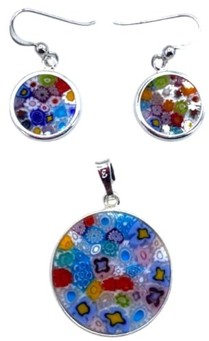 Juego de colgante y pendientes de 18 mm Murrina de cristal de Murano fabricado en Italia