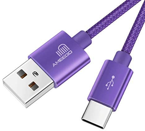 ameego 10ft Nylon Braided USB C 3.1 Sync & Fast Charging Cable for Samsung, HTC, Nokia, Sony, Nintendo Switch, and More Device with Type C Reversible Connection - Purple