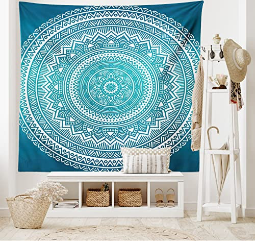 ABAKUHAUS Türkis Ombre Wandteppich, Mandala Medaillon Sternendesign mit Blume in der Mitte Kunst, aus Weiches Mikrofaser Stoff Wand Dekoration Für Schlafzimmer, 230 x 140 cm, Dunkel-Türkis