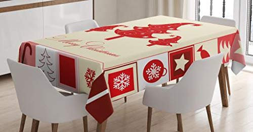 ABAKUHAUS Weihnachten Tischdecke, Bäume Süßigkeit Sterne, Wasserfest Waschbar mit Klar Sichtbaren Farben kein Verblassen Personalisiert, 140 x 240 cm, Vermilion helles Rosa Elfenbein