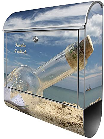 banjado® Design Briefkasten personalisiert Flaschenpost 38,5x46,5x13cm & 2 Schlüssel - Briefkasten Stahl Silber Zeitungsfach pulverbeschichtet - Postkasten A4 Einwurf inkl. Montagematerial