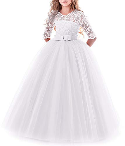 Flower Girls Lace 3/4 Sleeve Dress Wedding Bridesmaid First Communion Evening Party Floor Length Dress Kids Princess Pageant Birthday Prom Carnival Christmas Ball Gown White 3-4 Years