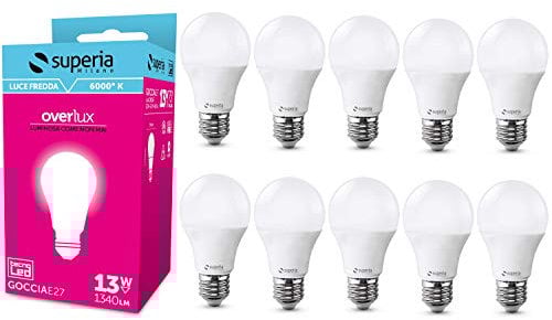 Superia Lampadina LED E27 Goccia, 13W (Equivalenti 75W), Luce Fredda 6000K RA80, Luminosa 1340 lumen, copertura opale A60, Attacco edison, Risparmio Energetico, Nessuno Sfarfallio, OP13GF Pacco da 10