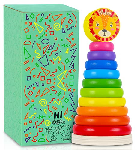 Japace Regenbogen Stapelturm Holz, Klassische Farbring Pyramide Stapelspielzeug mit 10-teilig Ringen, Montessori Sortieren Stapeln Baby Spielzeug Geburtstag Geschenk für Jungen Mädchen ab 1 2+ Jahre