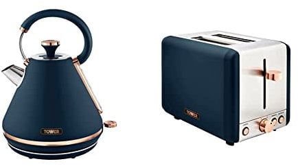Tower T10044MNB Cavaletto Pyramid Kettle with Fast Boil, Detachable Filter, 1.7 Litre & T20036MNB Cavaletto 2-Slice Toaster with Defrost/Reheat, Stainless Steel, 850W, Midnight Blue and Rose Gold