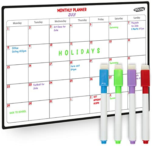 SOLSTM Magnetic Whiteboard for Fridge - A3 Monthly Planner Whiteboard Calendar, Home/Office Memo Board for to Do Lists, Grocery Shopping Lists, Event Reminders & More - Includes 4 Dry Erase Pens