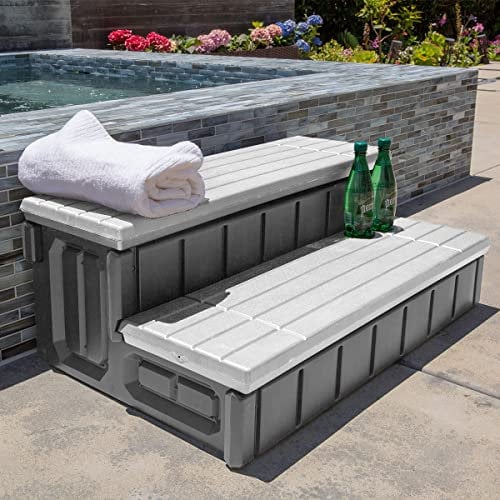 XtremepowerUS Scaletta universale resistente a 2 gradini per spa e vasca idromassaggio, con ampio vano portaoggetti, antiscivolo, resistente, colore grigio