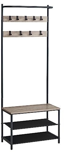 VASAGLE Meuble d’Entrée, Porte-manteaux, avec Banc et Étagère à Chaussures, 9 Crochets Amovibles, Tringle, 32,2 x 64 x 180 cm, pour Entrée, Chambre, Style Industriel, Grège et Noir HSR411B02