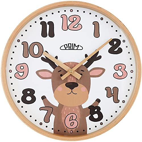 PRIM Design Kinder Wanduhr aus Holz, Made in EU, Holz-Rahmen, Motiv Elch, Bunte Zahlen, Quarz-Uhrwerk, Moderne Wanddeko, Runde Kinder Uhr, ∅ 300 x 45 mm, für Kinderzimmer, Kindergarten, die Schule
