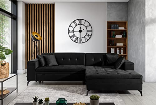 ALTDECOR Ecksofa rechts mit Schlaffunktion und Bettkasten mit Gasdruckfeder, Polstercouch in L-Form rechts angeordnet, rückenecht gepolstert, ideal als Gästebett - Solan 292x196x80 cm Schwarz
