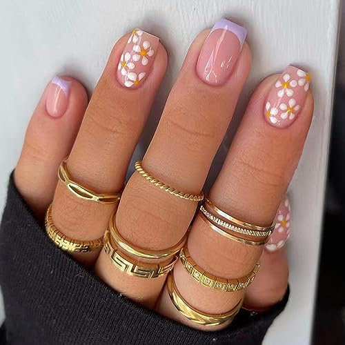 24PCS Christmas Short False Nails with Glue Stickers,Coffin Full Cover Acrylic Press on Nails no Glue,Purple Edged Flower Fake Nails for Women and Girls Nail Art.