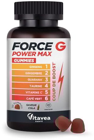 Vitavea - Gummies Force G Power Max - Fatigue, Energie, Coup de Boost Immédiat - Ginseng, Gingembre, Guarana, Taurine, Vitamine C, Café Vert - Sans Sucre - Vegan - 30 gummies, 30 jours